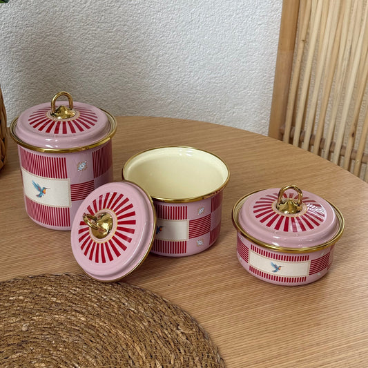 Pashally Emaye Kuş Desenli 3 Boy Kavanoz Seti Pembe-KırmıI KOD:0472