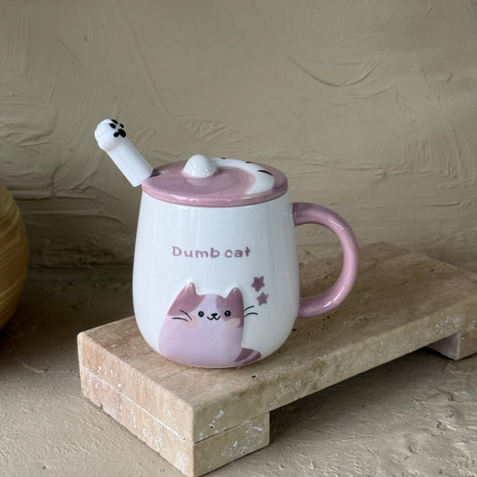 Dumb Cat Porselen Kapaklı Kupa Seti Pembe