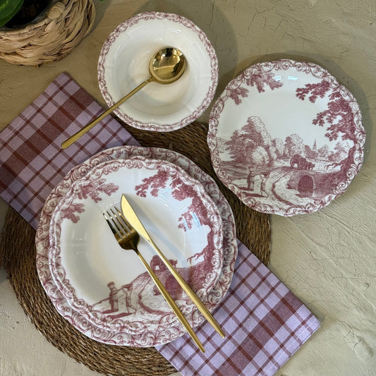 Porser Porselen 24 Parça Yemek Takımı 6 Kişilik Pembe KOD:BORDEL-30402-2