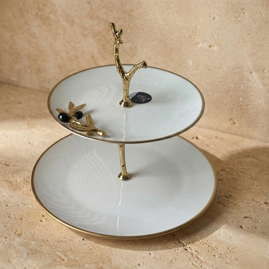 Oliva Siyah-Gold İki Katlı Porselen Sunumluk 19 cm, 25 cm Kod:3101