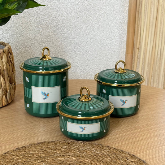 Pashally Emaye Kuş Desenli 3 Boy Kavanoz Seti  Yeşil KOD:0496
