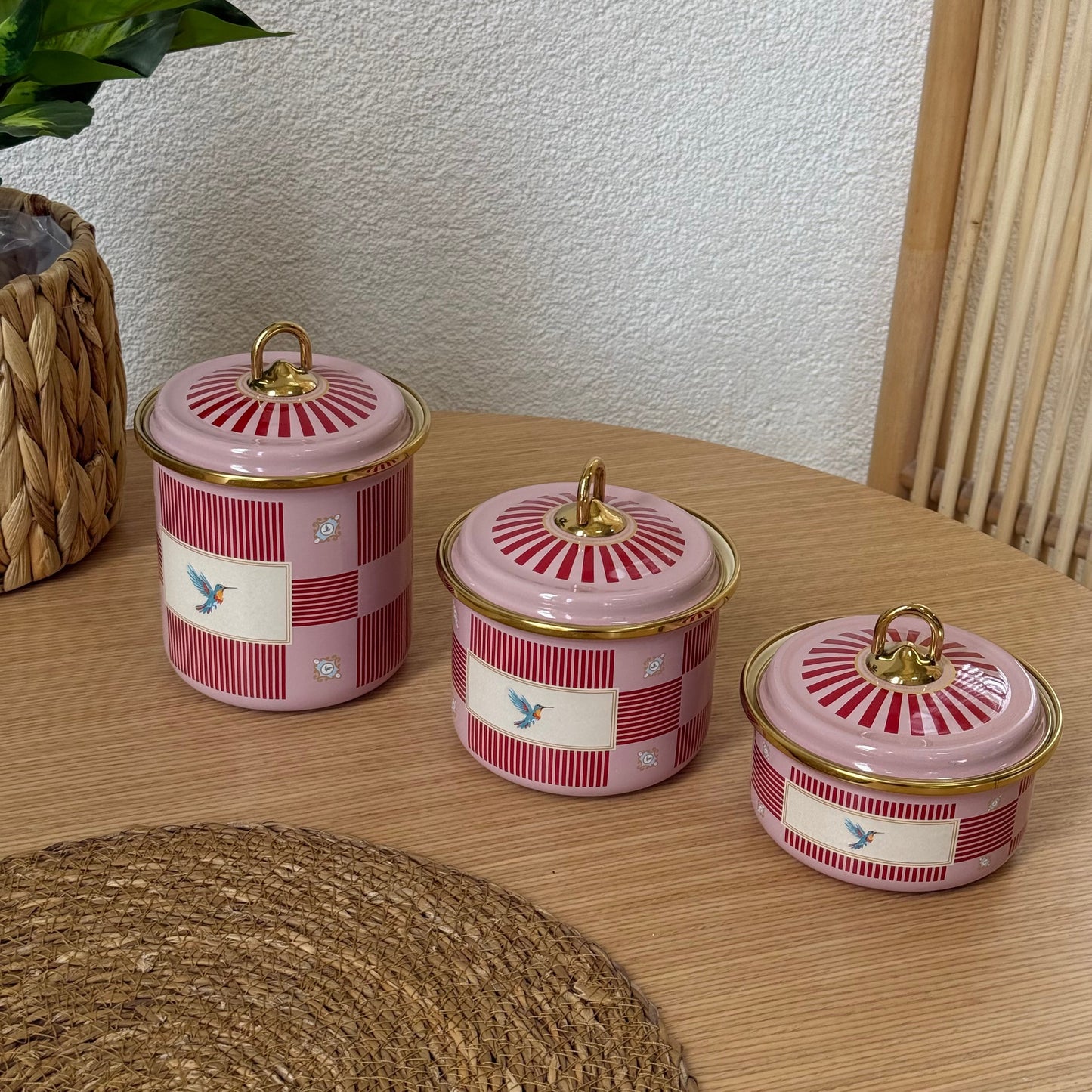 Pashally Emaye Kuş Desenli 3 Boy Kavanoz Seti  Pembe-KırmıI KOD:0472
