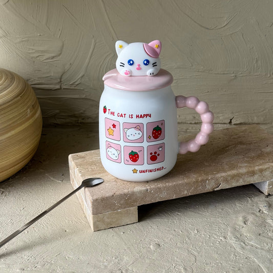 Tutku Cat İs Happy Kapaklı Porselen Kupa 400 ml