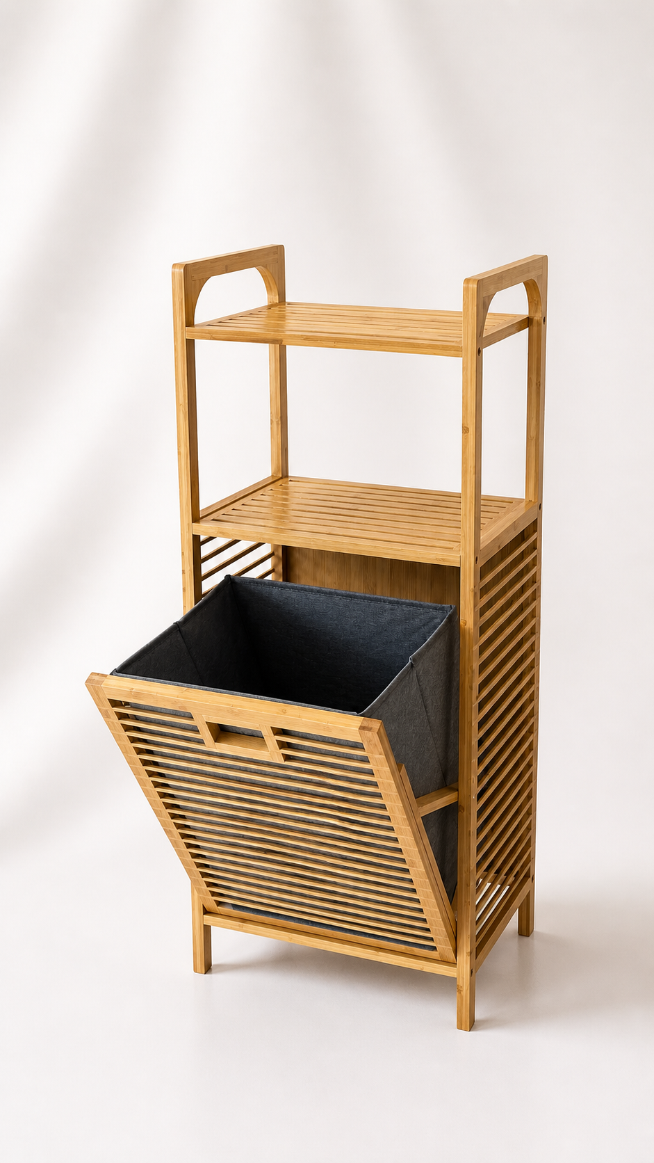 Eva  Medusa Bambu Kirli Çamaşır Sepeti 2 Katlı Raf Banyo Dolabı 95x40x30 cm