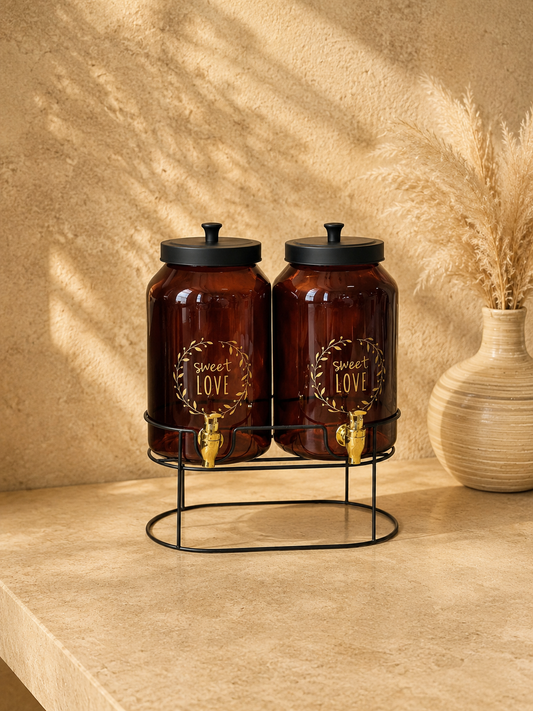 Milano Metal Standlı Cam Çift Sebil Seti Amber 4+4 Litre KOD:11326
